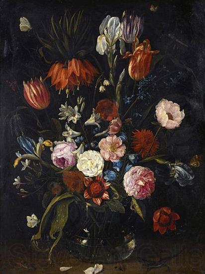 Jan Van Kessel the Younger A still life of tulips, a crown imperial, snowdrops, lilies, irises, roses and other flowers in a glass vase with a lizard, butterflies, a dragonfly a Spain oil painting art